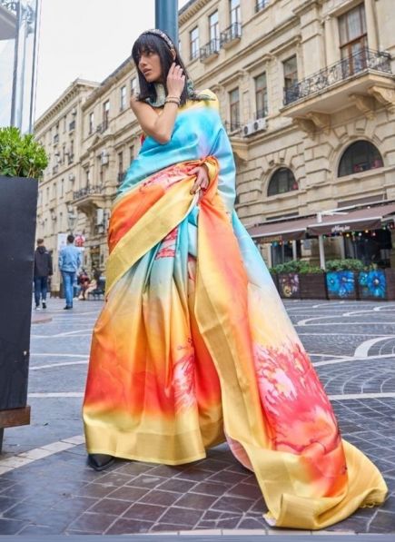 Multicolor Woven Silk Floral Digital Print Party-Wear Saree