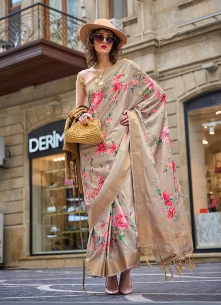 Burlywood Woven Silk Floral Digital Print Party-Wear Saree