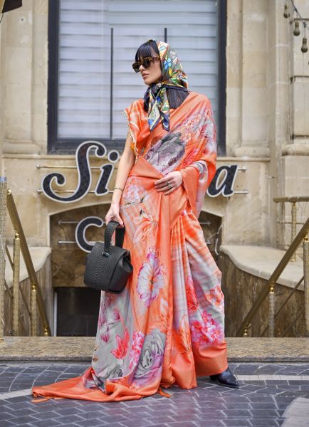 Coral Silk Digitally Printed Festive-Wear Vibrant Saree