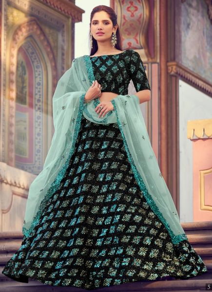Black & Mint Green Imported Fabrics with Sequin Work Wedding Lehenga Choli