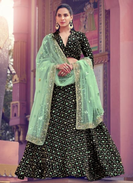 Black & Sage Green Imported Fabrics with Sequin Work Wedding Lehenga Choli
