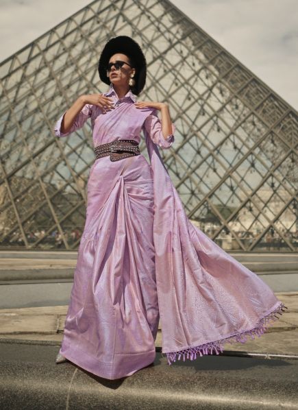Lilac Satin Silk Handloom Weaving Party-Wear Saree