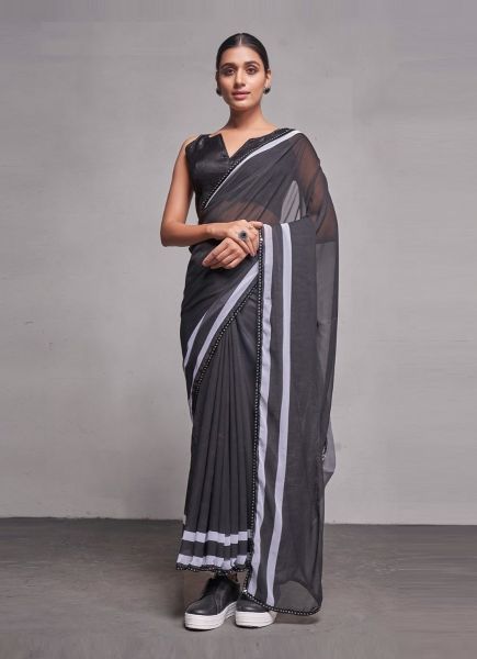 Black Georgette Printed Carnival Saree For Kitty Parties