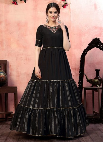 Black Silk Semi-Stitched Floor-Length Gown