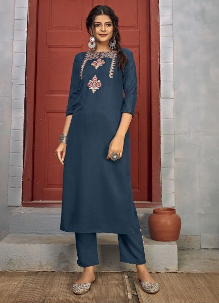 Dark Blue Rayon With Embroidery Work Kurti with Pant