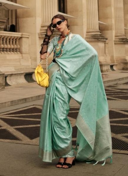 Light Aqua Satin Party-Wear Saree With Handloom Weaving