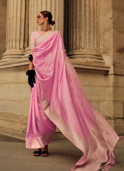 Pink Satin Party-Wear Saree With Handloom Weaving