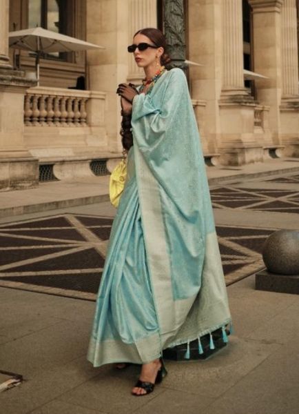 Light Blue Satin Party-Wear Saree With Handloom Weaving