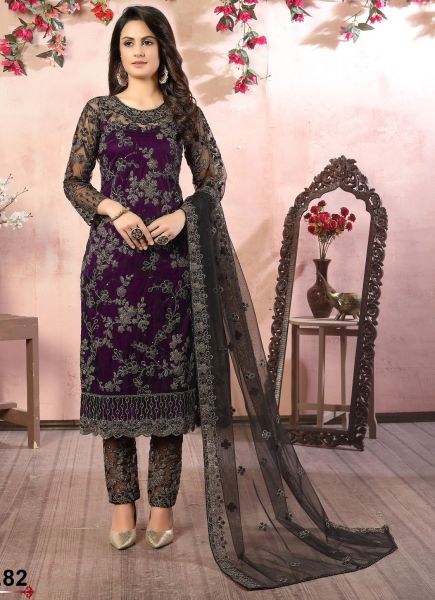 Purple Net with Heavy Sequinns Work Salwar Kameez 