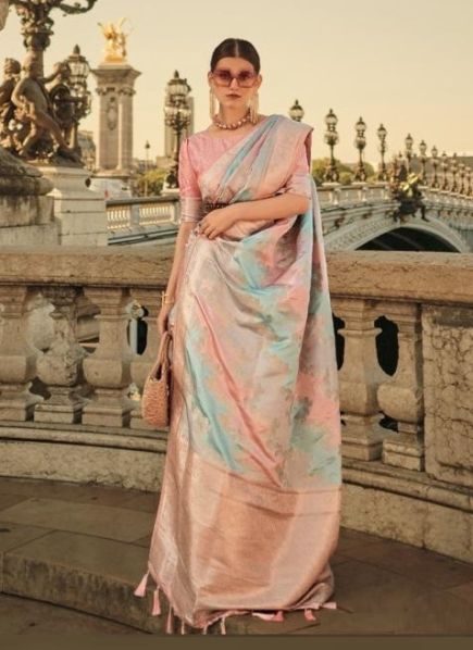 Multicolor Satin Woven Silk Handloom Saree For Traditional / Religious Occasions