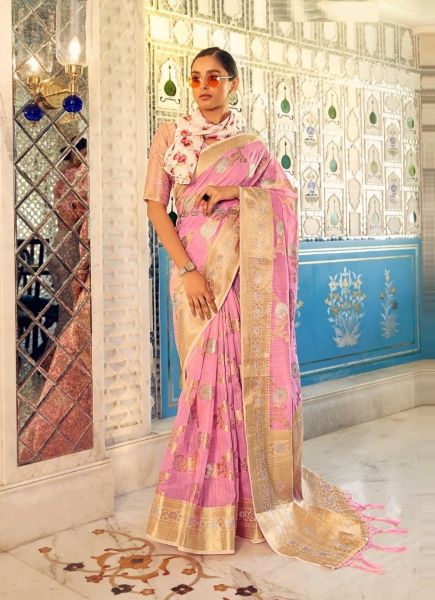 Pink Linen Weaving Festive-Wear Handloom Saree