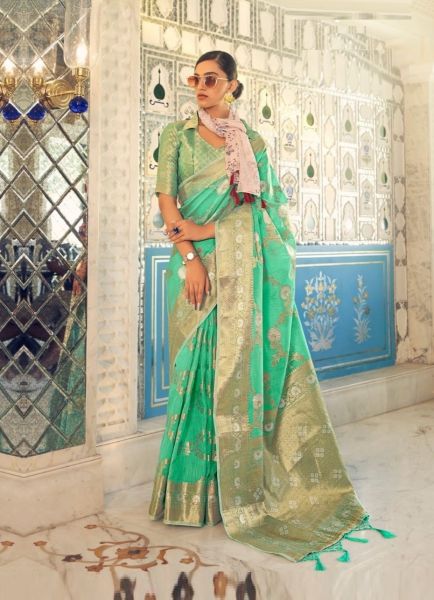 Jade Green Linen Weaving Festive-Wear Handloom Saree