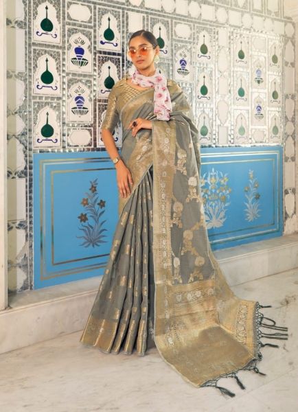 Gray Linen Weaving Festive-Wear Handloom Saree