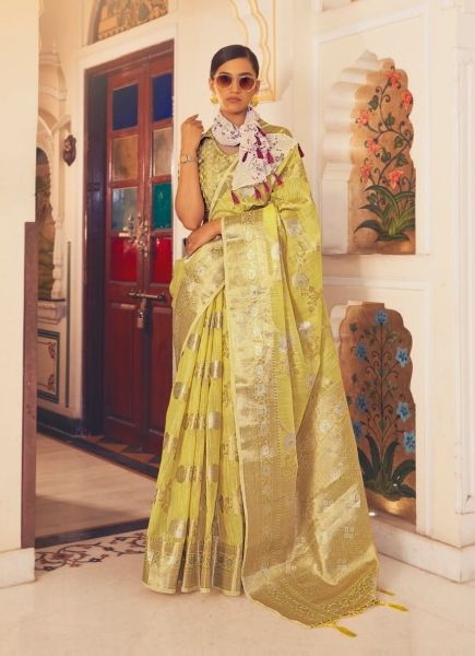 Yellow Linen Weaving Festive-Wear Handloom Saree