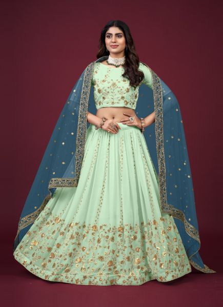 Light Mint Green Faux Georgette Embroidered Party-Wear Lehenga Choli
