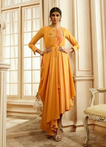 Orange Pure Rayon Cotton With Embroidery Work Readymade Floor-Length Gown