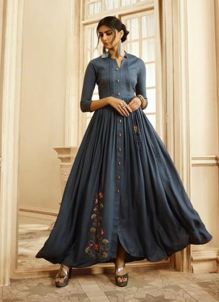 Slate Blue Pure Rayon Cotton With Embroidery Work Readymade Floor-Length Gown
