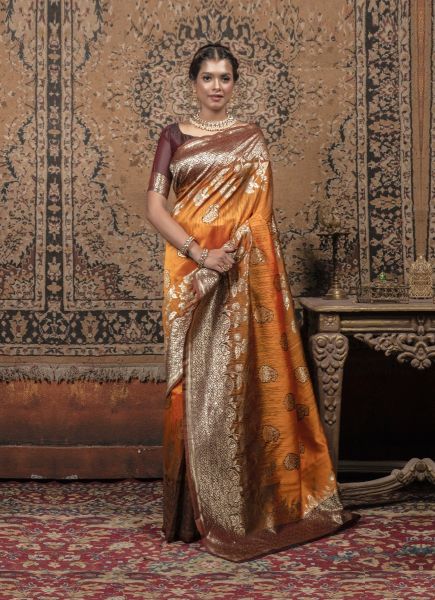 Orange & Maroon Weaving Festive-Wear Banarasi Silk Saree
