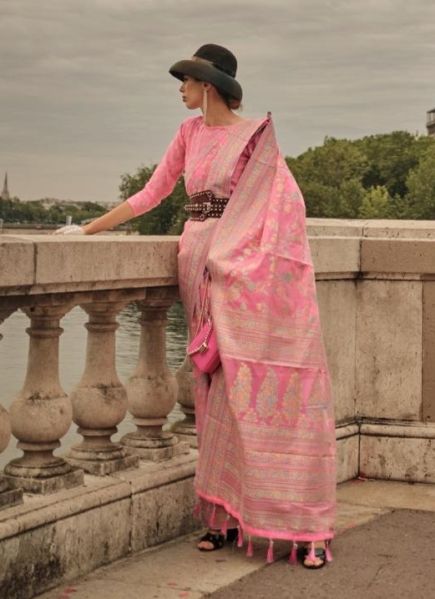 Pink Organza Handloom Weaving Festive-Wear Saree
