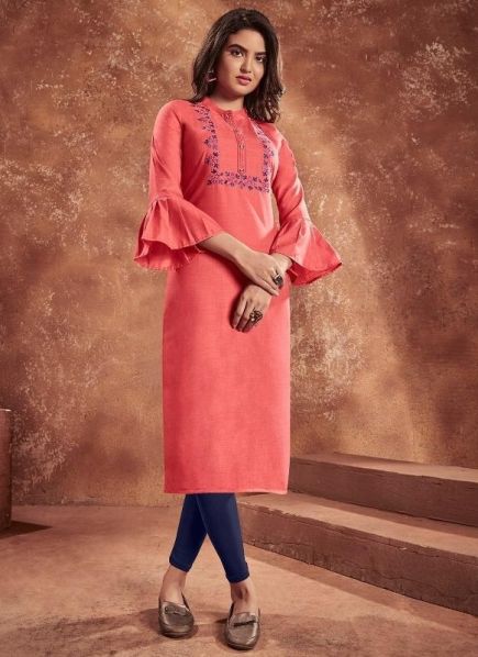 Brick Pink Cotton With Embroidery Work & Balloon Sleeves Readymade Kurti