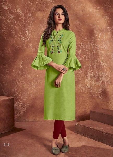 Grass Green Cotton With Embroidery Work & Balloon Sleeves Readymade Kurti