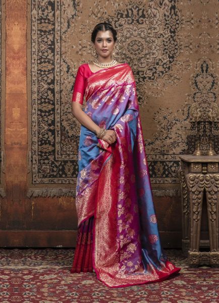 Dull Blue & Pink Red Weaving Festive-Wear Banarasi Silk Saree