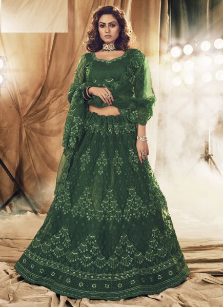 Dark Green Net With Satin 2 Layer Inner With Can Can Wedding Lehenga Choli