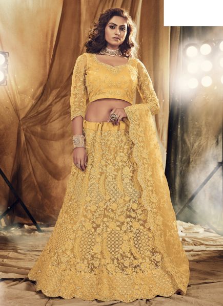 Yellow Net With Satin 2 Layer Inner With Can Can Wedding Lehenga Choli