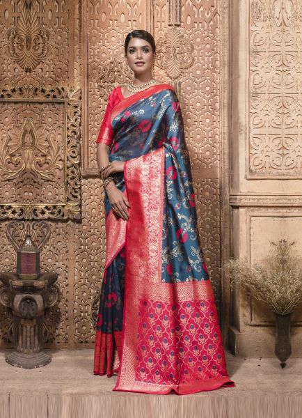 Sea Blue & Pink Red Weaving Festive-Wear Banarasi Silk Saree