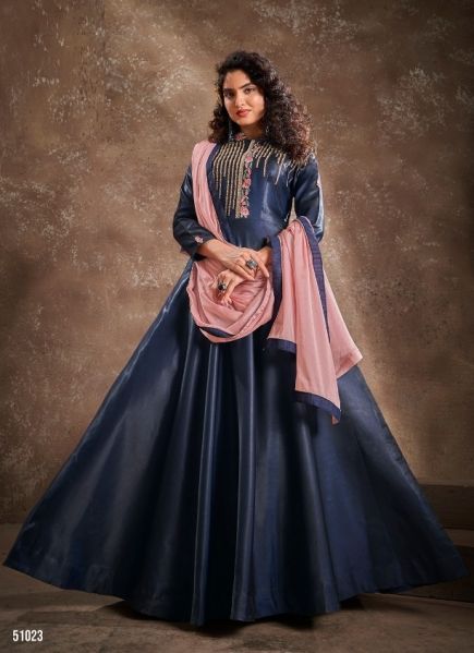 Dark Blue Silk With Heavy Embroidery Inner Stitched Readymade Gown with Dupatta
