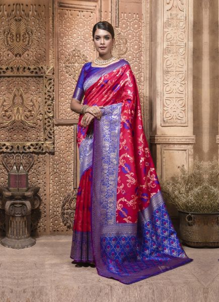 Pink Red & Blue Weaving Festive-Wear Banarasi Silk Saree