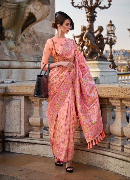 Pink Organza Handloom Woven Kashmiri Saree For Traditional / Religious Occasions
