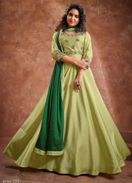 Light Parrot Green Banarasi Party Wear Readymade Gown