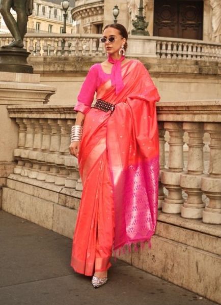 Coral Red Silk Handloom Weaving Saree For Traditional / Religious Occasions