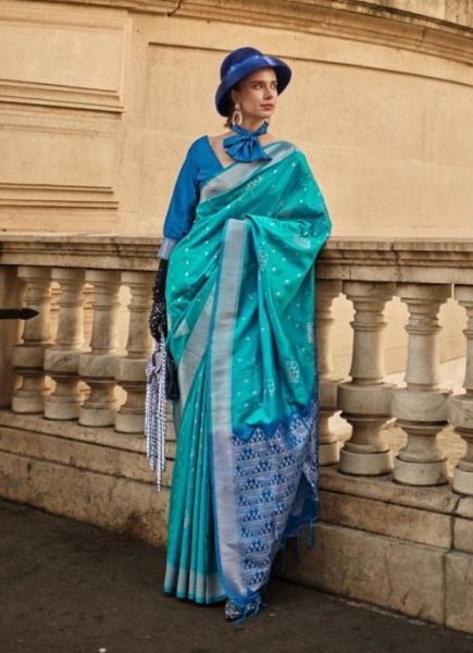 Aqua Blue Silk Handloom Weaving Saree For Traditional / Religious Occasions