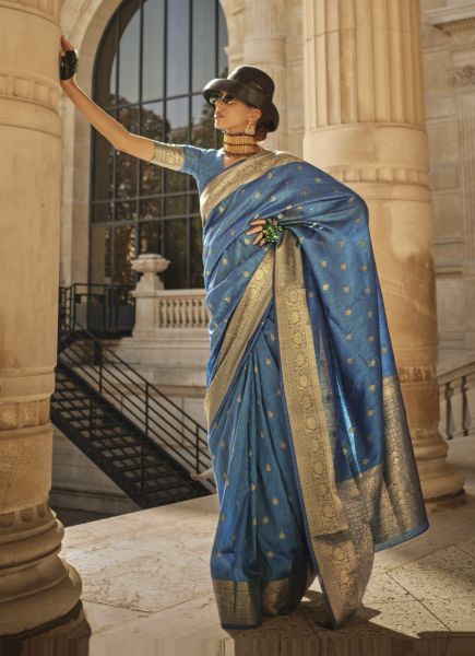 Steel Blue Khadi Silk Woven Handloom Saree For Traditional / Religious Occasions