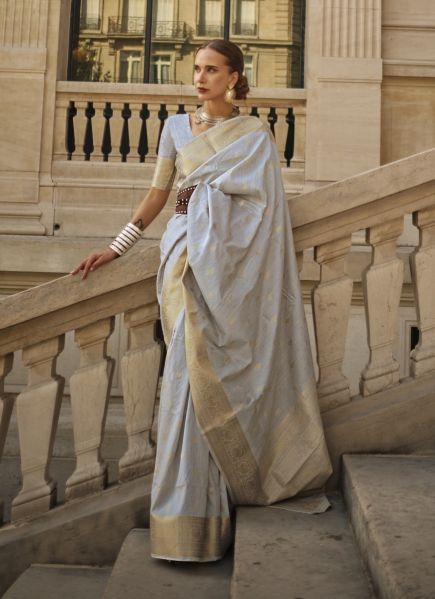 White Khadi Silk Woven Handloom Saree For Traditional / Religious Occasions