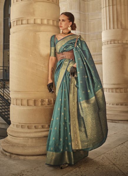 Light Teal Blue Khadi Silk Woven Handloom Saree For Traditional / Religious Occasions