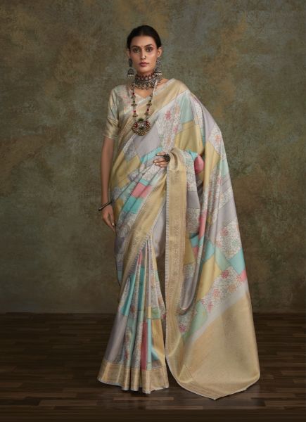 Gray Handloom Silk Digitally Printed Festive-Wear Checks Saree