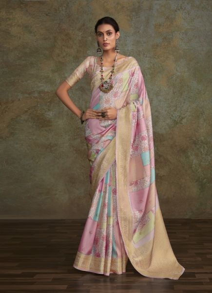 Pink Handloom Silk Digitally Printed Festive-Wear Checks Saree