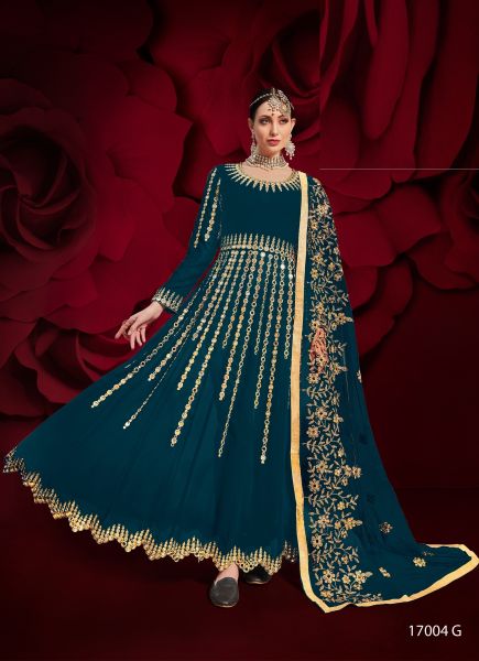 Dark Sky Blue Georgette With Embroidery Work Ankle Length Salwar Suit
