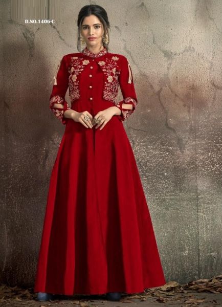 Dark Red Soft Tapeta With Embroidery Floor-Length Gown
