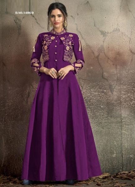 Purple Soft Tapeta With Embroidery Floor-Length Gown