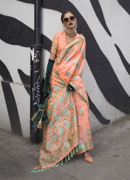 Salmon Silk Digitally Floral Printed Saree For Traditional / Religious Occasions