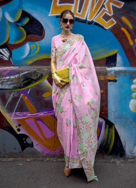 Light Pink Silk Digitally Floral Printed Saree For Traditional / Religious Occasions