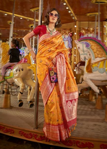 Orange Silk Woven Handloom Saree For Traditional / Religious Occasions
