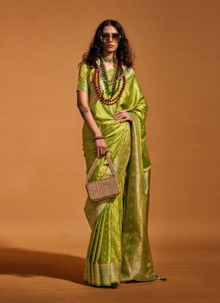 Lime Green Satin Two Tone Woven Handloom Saree For Traditional / Religious Occasions