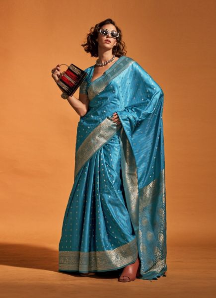 Dark Sky Blue Satin Two Tone Woven Handloom Saree For Traditional / Religious Occasions