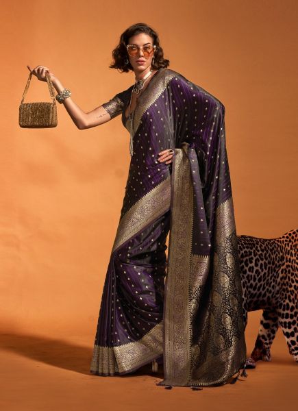 Dark Purple Satin Two Tone Woven Handloom Saree For Traditional / Religious Occasions