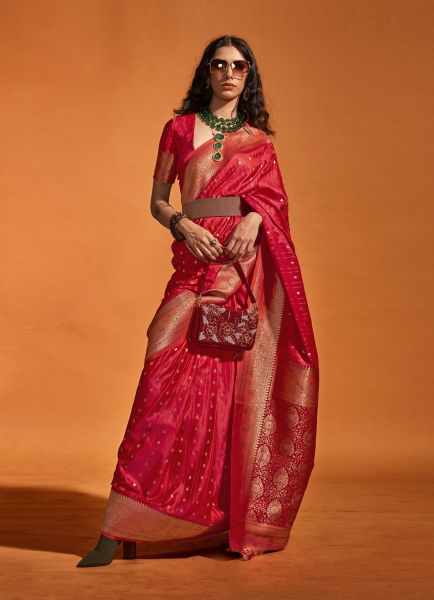 Crimson Red Satin Two Tone Woven Handloom Saree For Traditional / Religious Occasions